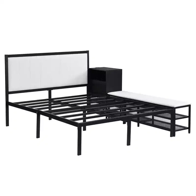 Lit double plateforme en métal Luxystar avec tête de lit capitonnée, 2 étagères de rangement, armoire de rangement en bois et ports de chargement USB