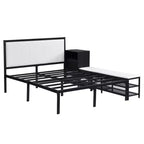 Lit double plateforme en métal Luxystar avec tête de lit capitonnée, 2 étagères de rangement, armoire de rangement en bois et ports de chargement USB