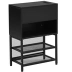 Lit double plateforme en métal Luxystar avec tête de lit capitonnée, 2 étagères de rangement, armoire de rangement en bois et ports de chargement USB