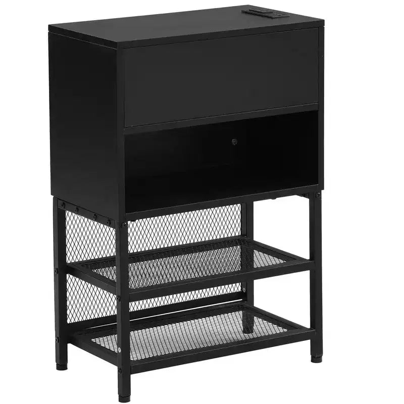 Lit double plateforme en métal Luxystar avec tête de lit capitonnée, 2 étagères de rangement, armoire de rangement en bois et ports de chargement USB