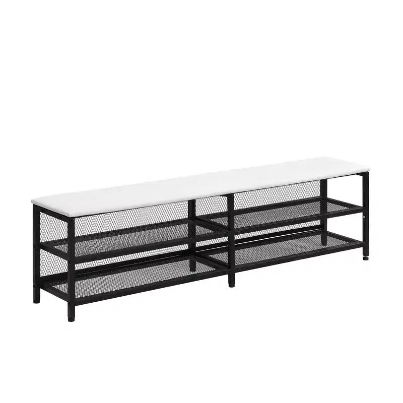 Lit double plateforme en métal Luxystar avec tête de lit capitonnée, 2 étagères de rangement, armoire de rangement en bois et ports de chargement USB