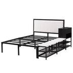 Lit double plateforme en métal Luxystar avec tête de lit capitonnée, 2 étagères de rangement, armoire de rangement en bois et ports de chargement USB