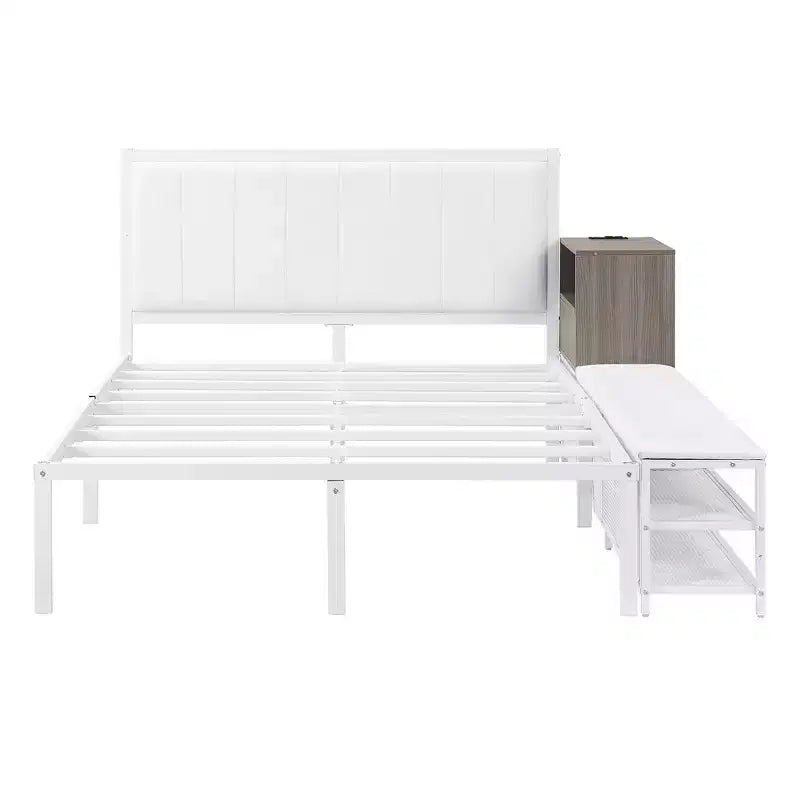 Lit double plateforme en métal Luxystar avec tête de lit capitonnée, 2 étagères de rangement, armoire de rangement en bois et ports de chargement USB