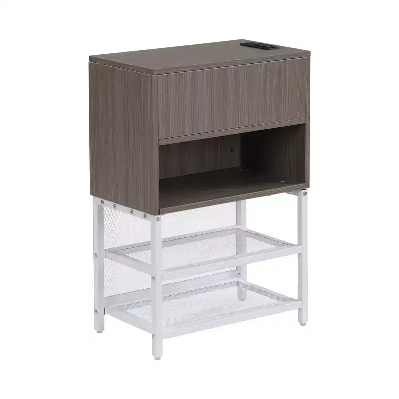 Lit double plateforme en métal Luxystar avec tête de lit capitonnée, 2 étagères de rangement, armoire de rangement en bois et ports de chargement USB