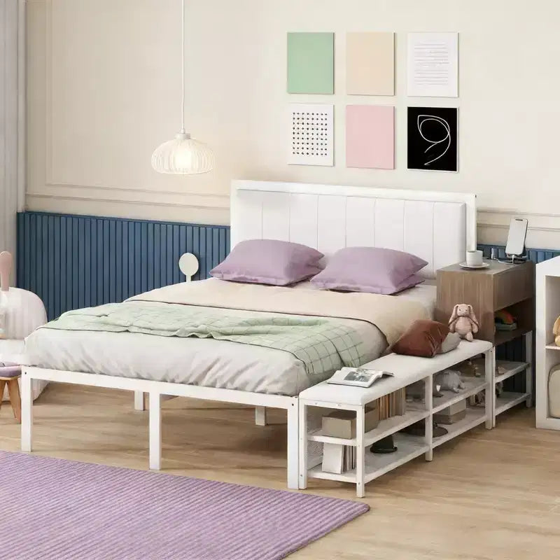 Lit double plateforme en métal Luxystar avec tête de lit capitonnée, 2 étagères de rangement, armoire de rangement en bois et ports de chargement USB