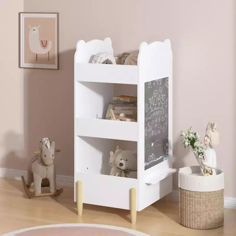 JVNOXK Bibliothèque pour enfants avec côté tableau – Étagère en bois en forme d'ours avec 3 niveaux de rangement, tableau de dessin pour les tout-petants, jouet et livre blanc