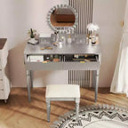 JVNOXK Coiffeuse moderne de luxe avec rangement à 4 tiroirs et tabouret, miroir rond, tringle de suspension réglable sur trois niveaux, argent