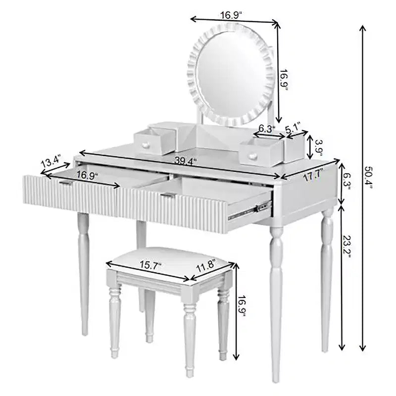 JVNOXK Coiffeuse moderne de luxe avec rangement à 4 tiroirs et tabouret, miroir rond, tringle de suspension réglable sur trois niveaux, argent