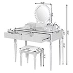JVNOXK Coiffeuse moderne de luxe avec rangement à 4 tiroirs et tabouret, miroir rond, tringle de suspension réglable sur trois niveaux, argent