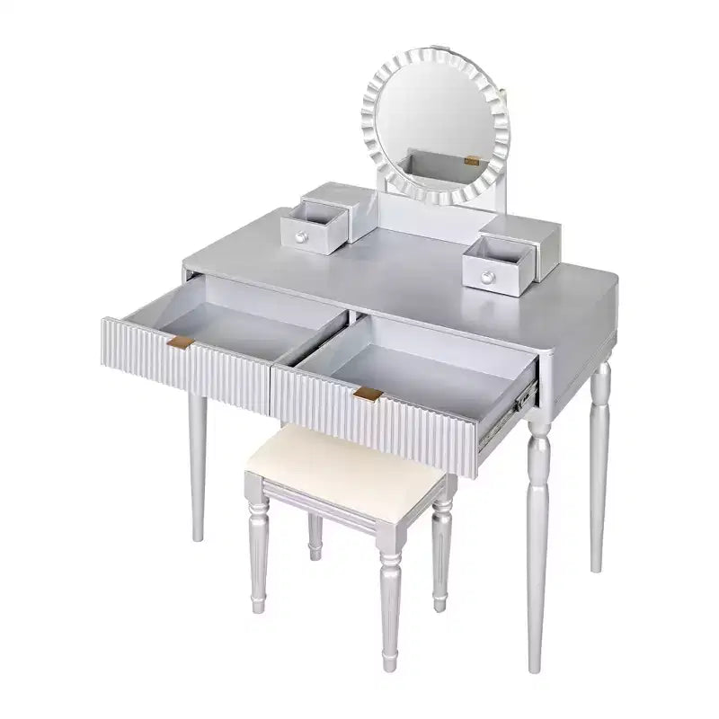 JVNOXK Coiffeuse moderne de luxe avec rangement à 4 tiroirs et tabouret, miroir rond, tringle de suspension réglable sur trois niveaux, argent