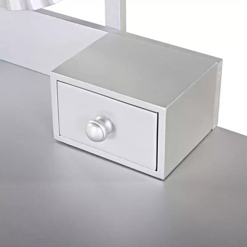 JVNOXK Coiffeuse moderne de luxe avec rangement à 4 tiroirs et tabouret, miroir rond, tringle de suspension réglable sur trois niveaux, argent