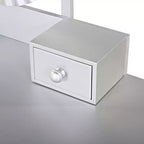 JVNOXK Coiffeuse moderne de luxe avec rangement à 4 tiroirs et tabouret, miroir rond, tringle de suspension réglable sur trois niveaux, argent