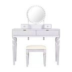 JVNOXK Coiffeuse moderne de luxe avec rangement à 4 tiroirs et tabouret, miroir rond, tringle de suspension réglable sur trois niveaux, argent