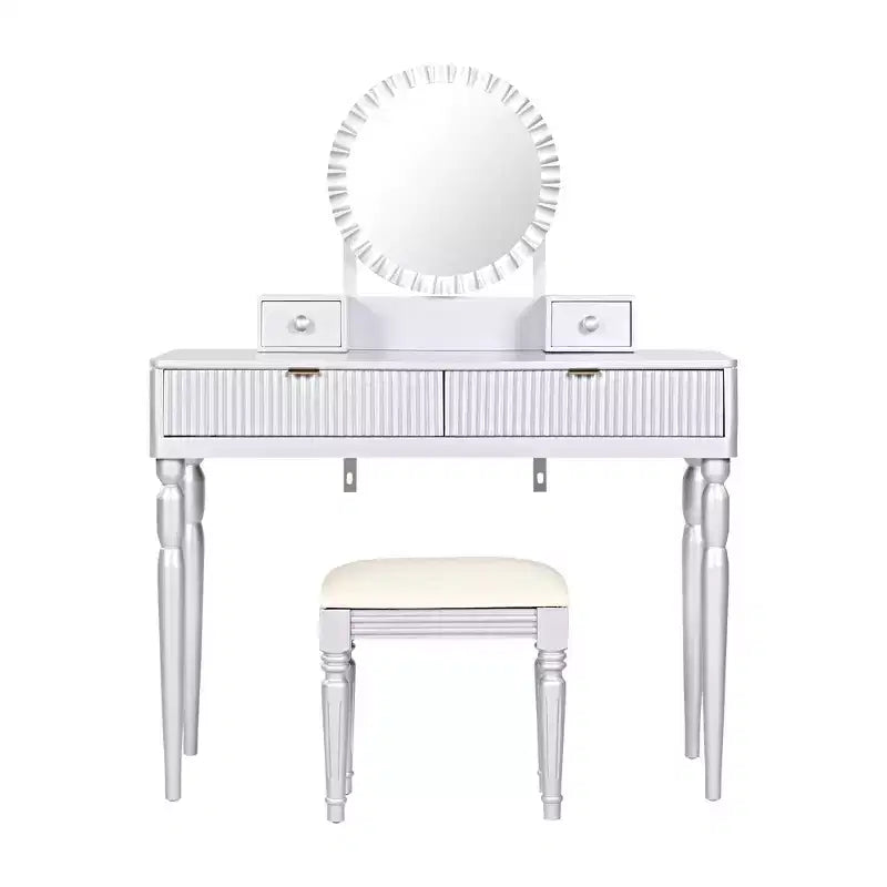 JVNOXK Coiffeuse moderne de luxe avec rangement à 4 tiroirs et tabouret, miroir rond, tringle de suspension réglable sur trois niveaux, argent