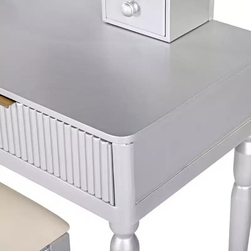 JVNOXK Coiffeuse moderne de luxe avec rangement à 4 tiroirs et tabouret, miroir rond, tringle de suspension réglable sur trois niveaux, argent