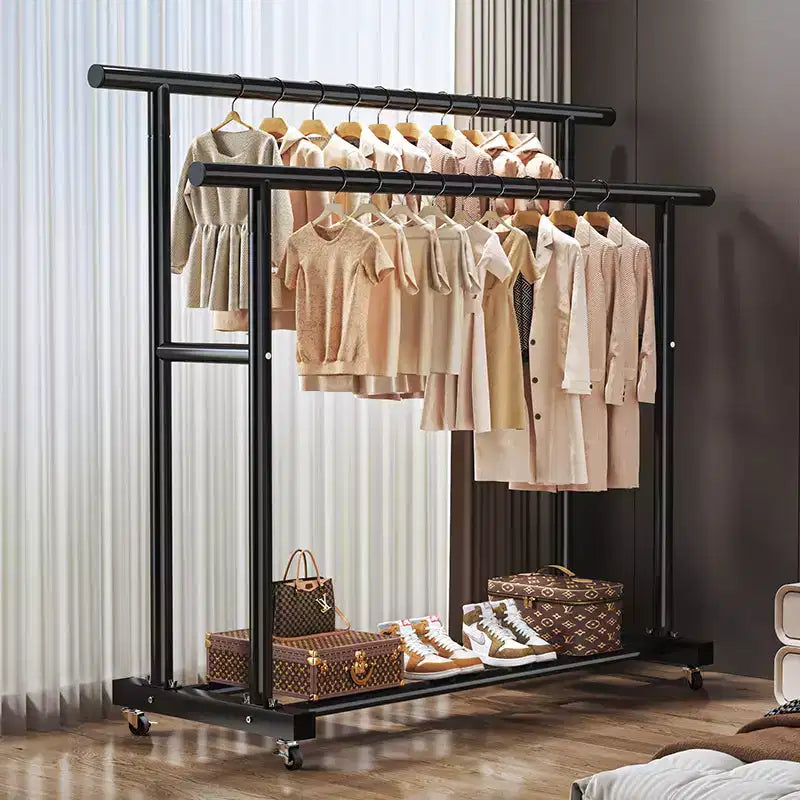 Portant à vêtements à double barre AEELLEEA robuste - Barres de suspension doubles et étagère de rangement inférieure pour l'organisation de la maison