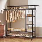 Portant à vêtements à double barre AEELLEEA robuste - Barres de suspension doubles et étagère de rangement inférieure pour l'organisation de la maison