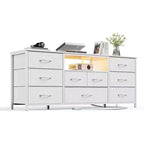 Meuble TV blanc de 140 cm de large, commode de 9 tiroirs avec prises électriques, lumières LED, console multimédia pour TV de 65 pouces, commode de rangement de chambre, centre de divertissement