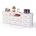 Meuble TV blanc de 140 cm de large, commode de 9 tiroirs avec prises électriques, lumières LED, console multimédia pour TV de 65 pouces, commode de rangement de chambre, centre de divertissement