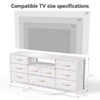 Meuble TV blanc de 140 cm de large, commode de 9 tiroirs avec prises électriques, lumières LED, console multimédia pour TV de 65 pouces, commode de rangement de chambre, centre de divertissement