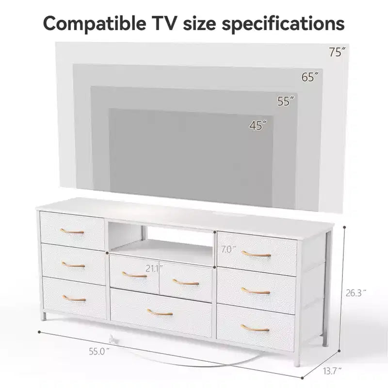 Meuble TV blanc de 140 cm de large, commode de 9 tiroirs avec prises électriques, lumières LED, console multimédia pour TV de 65 pouces, commode de rangement de chambre, centre de divertissement