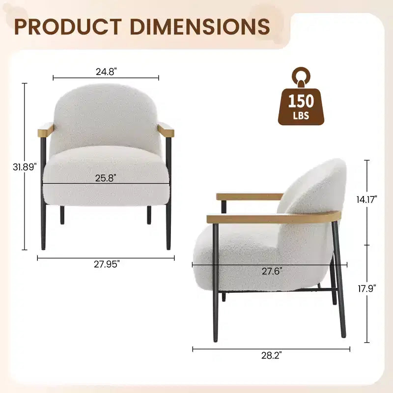 Fauteuil d'appoint moderne en tissu Teddy avec accoudoirs en bois et pieds réglables, fauteuil confortable pour salon, blanc