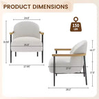 Fauteuil d'appoint moderne en tissu Teddy avec accoudoirs en bois et pieds réglables, fauteuil confortable pour salon, blanc