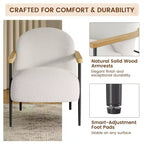 Fauteuil d'appoint moderne en tissu Teddy avec accoudoirs en bois et pieds réglables, fauteuil confortable pour salon, blanc