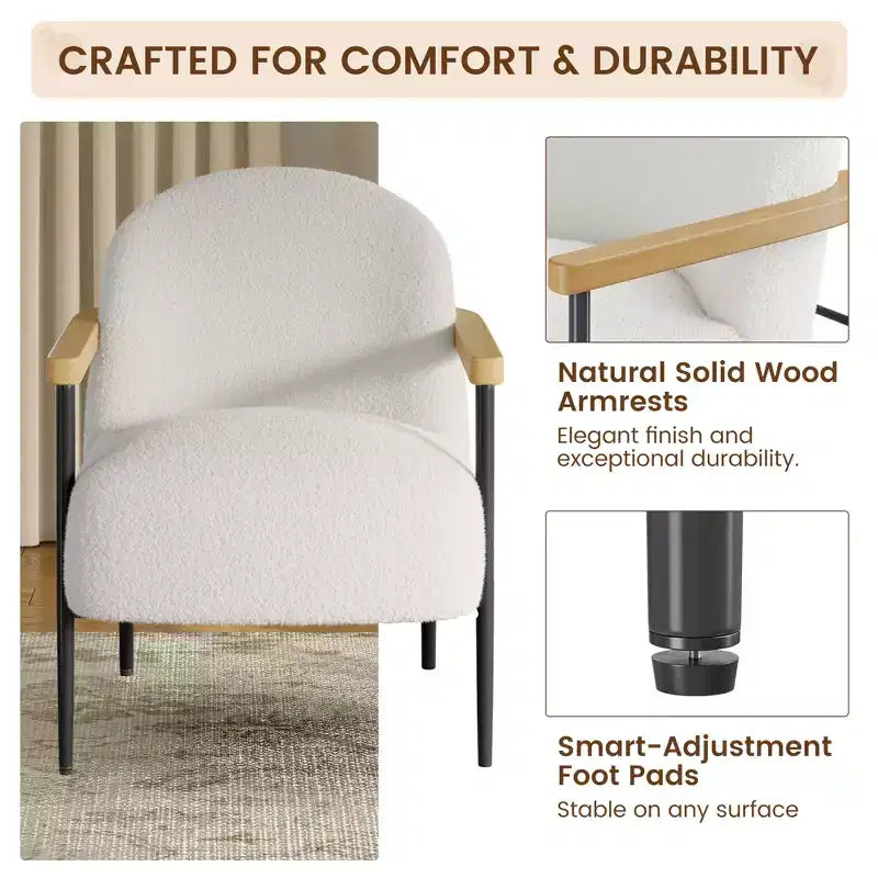 Fauteuil d'appoint moderne en tissu Teddy avec accoudoirs en bois et pieds réglables, fauteuil confortable pour salon, blanc