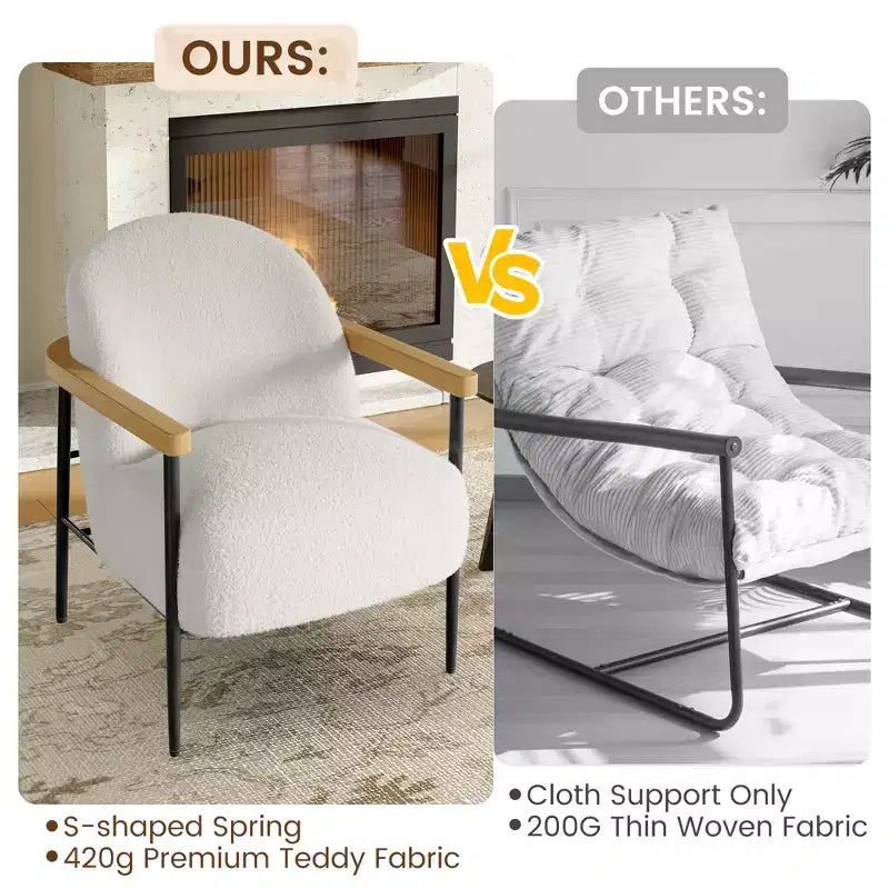 Fauteuil d'appoint moderne en tissu Teddy avec accoudoirs en bois et pieds réglables, fauteuil confortable pour salon, blanc