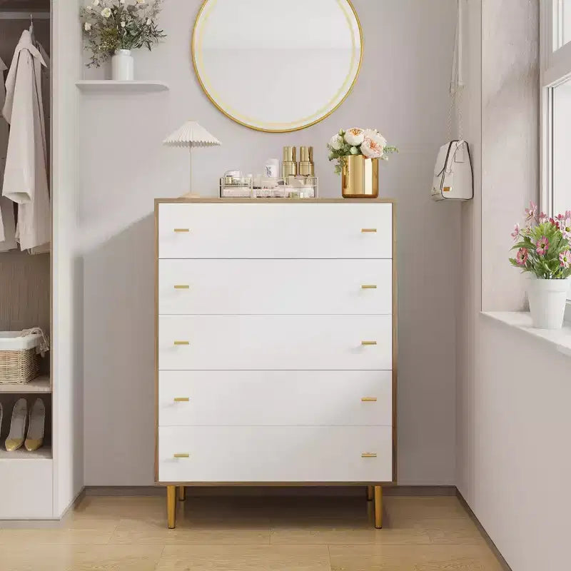 COZONY Commode de ferme 44 avec 5 tiroirs, en bois naturel rustique et poignées à barreaux pour chambre et salon