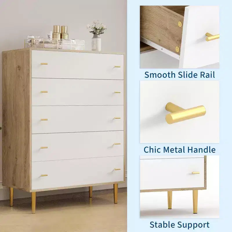 COZONY Commode de ferme 44 avec 5 tiroirs, en bois naturel rustique et poignées à barreaux pour chambre et salon
