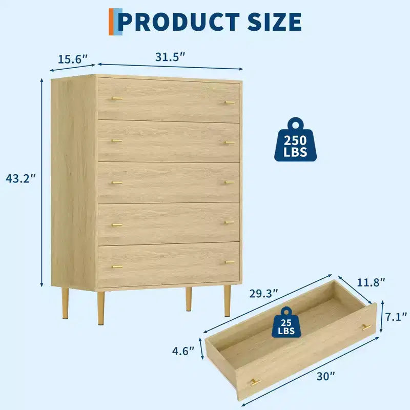 COZONY Commode de ferme 44 avec 5 tiroirs, en bois naturel rustique et poignées à barreaux pour chambre et salon