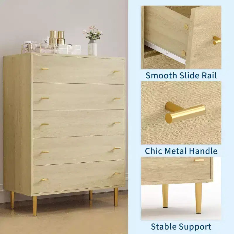 COZONY Commode de ferme 44 avec 5 tiroirs, en bois naturel rustique et poignées à barreaux pour chambre et salon