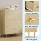 COZONY Commode de ferme 44 avec 5 tiroirs, en bois naturel rustique et poignées à barreaux pour chambre et salon
