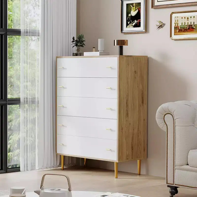 COZONY Commode de ferme 44 avec 5 tiroirs, en bois naturel rustique et poignées à barreaux pour chambre et salon