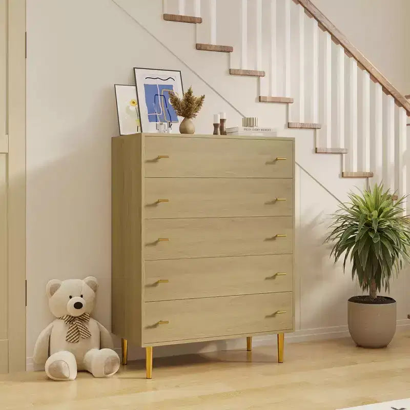 COZONY 44 Farmhouse Dresser with 5 Drawers, Natural Wood Rustic Chest & Bar Handles for Bedroom & Living Room