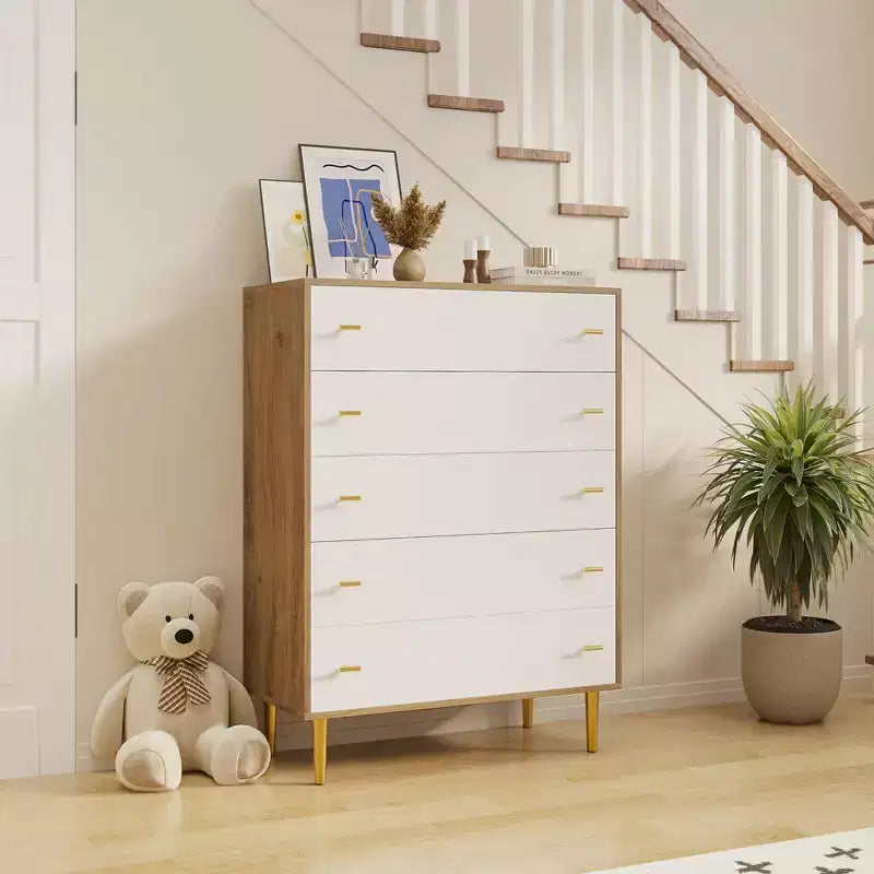COZONY Commode de ferme 44 avec 5 tiroirs, en bois naturel rustique et poignées à barreaux pour chambre et salon