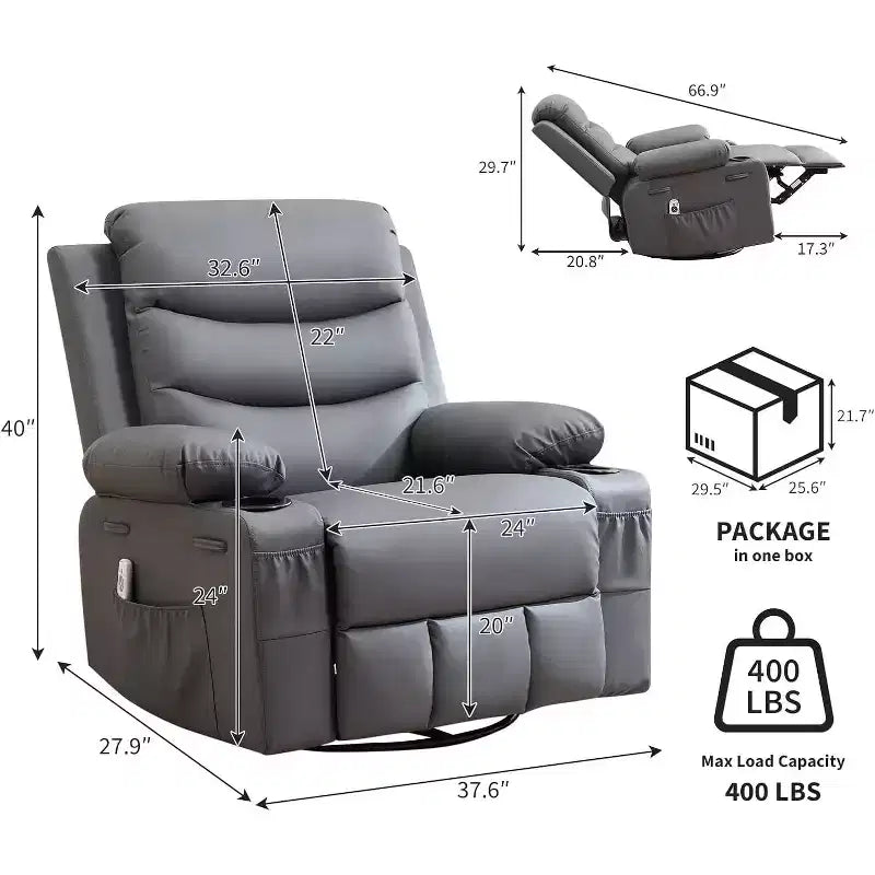 Fauteuil inclinable à bascule en cuir PU avec massage et chaleur, canapé inclinable pivotant avec porte-gobelet, fauteuil à bascule pour salon, chambre à coucher