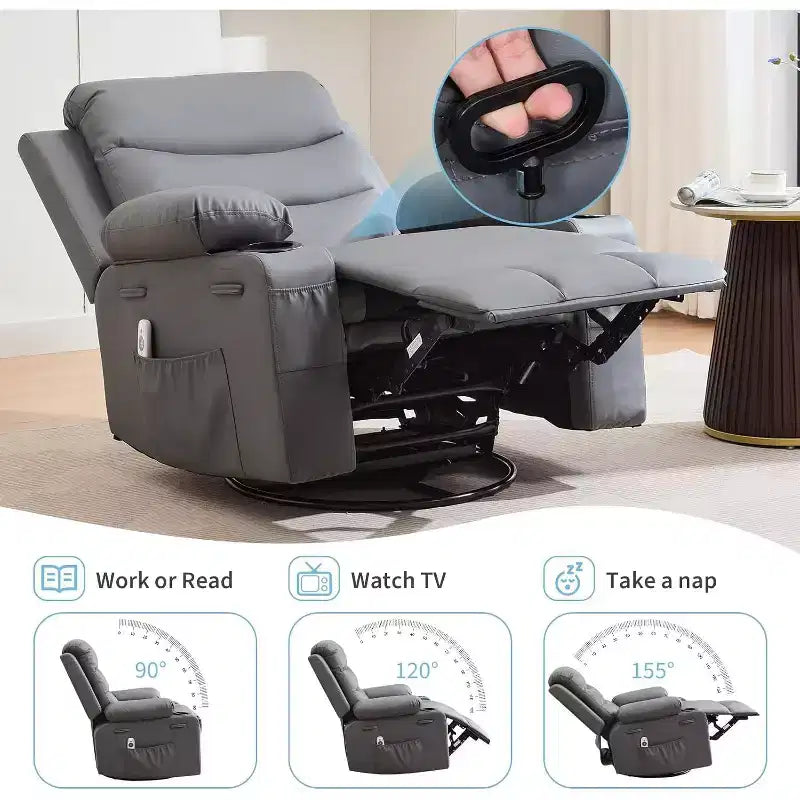 Fauteuil inclinable à bascule en cuir PU avec massage et chaleur, canapé inclinable pivotant avec porte-gobelet, fauteuil à bascule pour salon, chambre à coucher