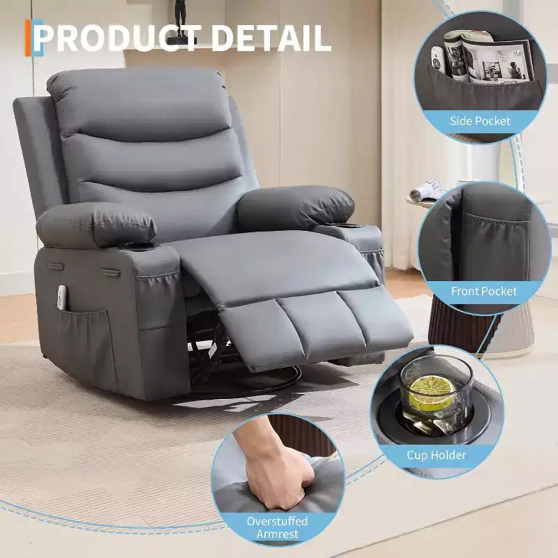 Fauteuil inclinable à bascule en cuir PU avec massage et chaleur, canapé inclinable pivotant avec porte-gobelet, fauteuil à bascule pour salon, chambre à coucher