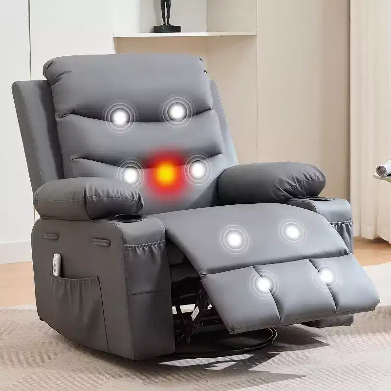 Fauteuil inclinable à bascule en cuir PU avec massage et chaleur, canapé inclinable pivotant avec porte-gobelet, fauteuil à bascule pour salon, chambre à coucher