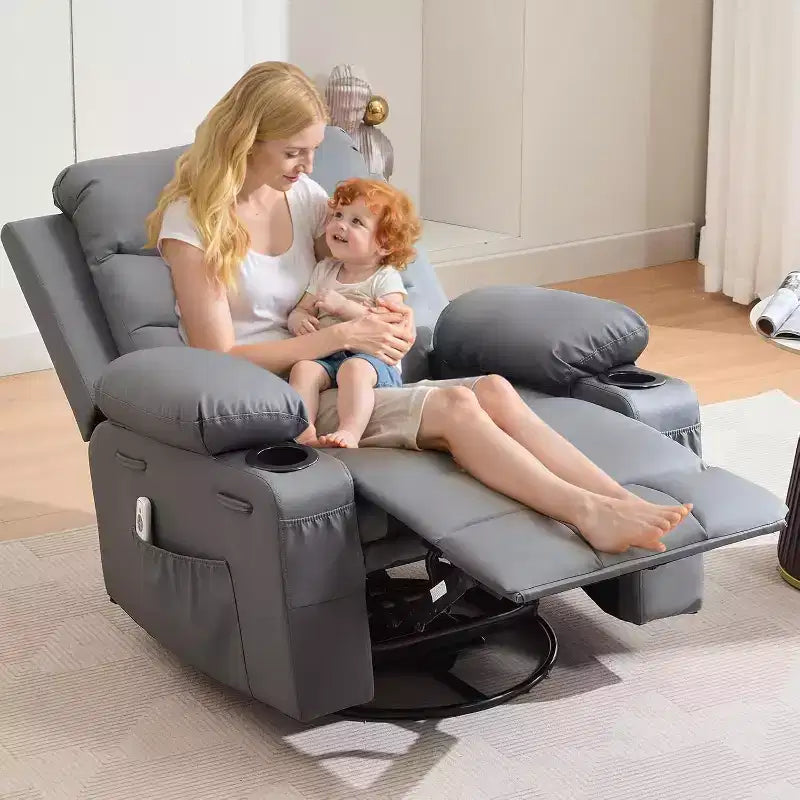 Fauteuil inclinable à bascule en cuir PU avec massage et chaleur, canapé inclinable pivotant avec porte-gobelet, fauteuil à bascule pour salon, chambre à coucher