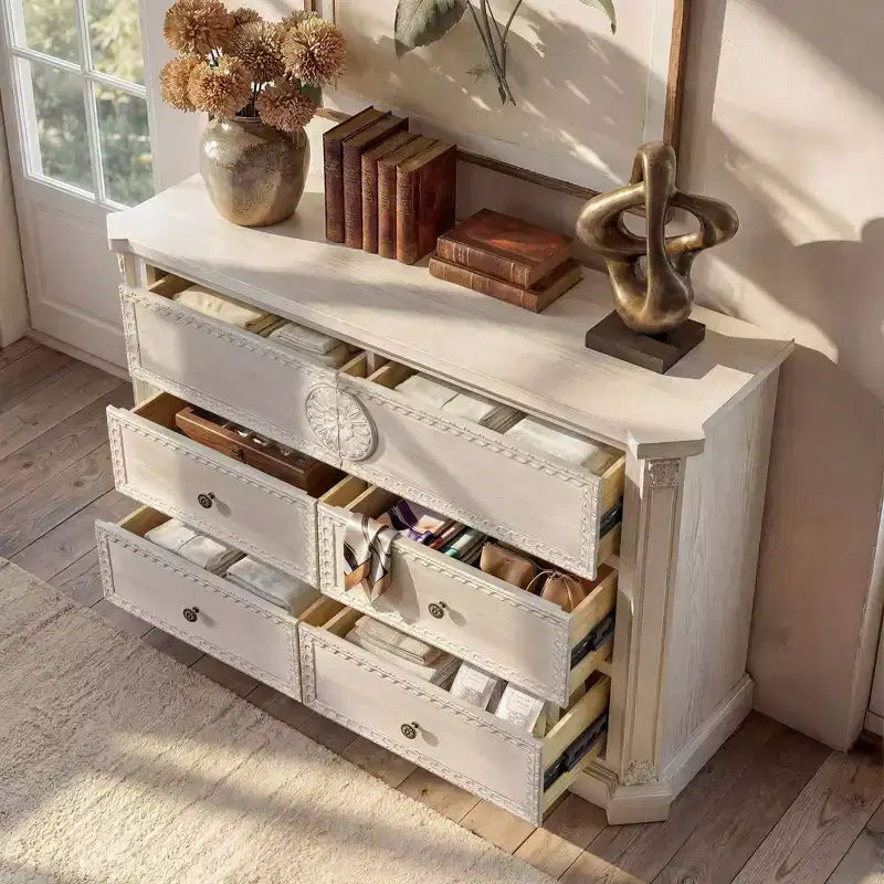 Commode Homsee 6 tiroirs en bois massif blanc, pré-assemblée : détails sculptés ornementés + garnitures vintage – Rangement prêt à l'emploi pour chambres à coucher