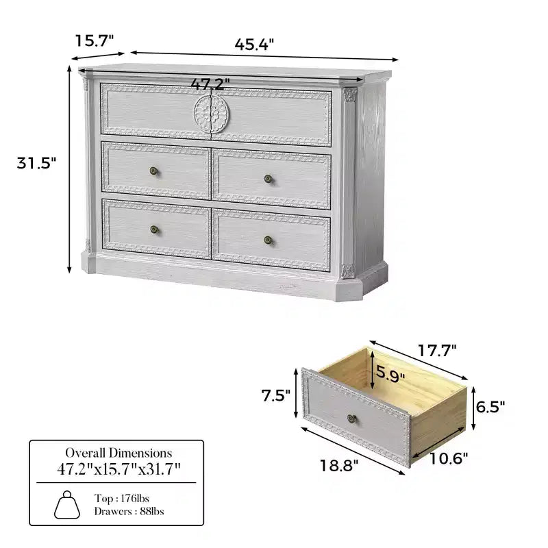 Commode Homsee 6 tiroirs en bois massif blanc, pré-assemblée : détails sculptés ornementés + garnitures vintage – Rangement prêt à l'emploi pour chambres à coucher