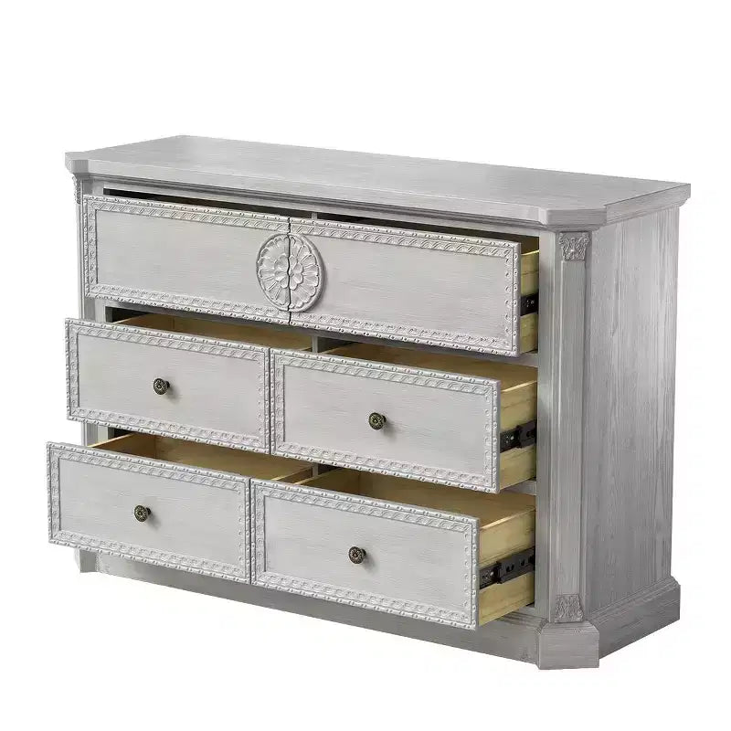 Commode Homsee 6 tiroirs en bois massif blanc, pré-assemblée : détails sculptés ornementés + garnitures vintage – Rangement prêt à l'emploi pour chambres à coucher