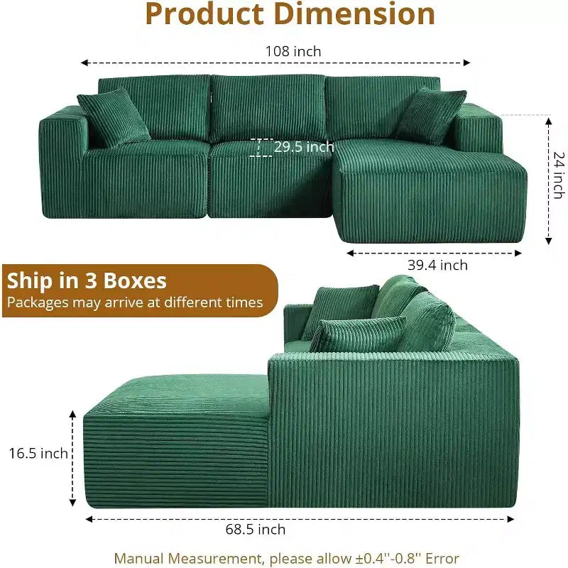 Canapé d'angle modulable Acekool en forme de L, 108 nuages, en velours côtelé, assise profonde, sans montage, pour salon, vert émeraude, angle droit