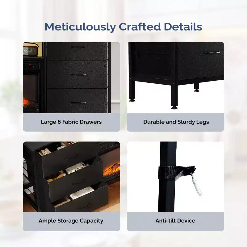Meuble TV de ferme 58'' pour téléviseurs jusqu'à 70'' avec foyer électrique et 6 tiroirs