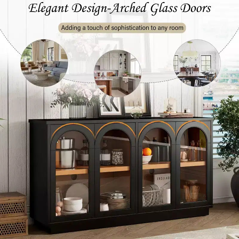 Buffet d'appoint en verre cintré moderne, Meuble console TV avec étagère réglable, Système d'ouverture par pression - Panipeachy