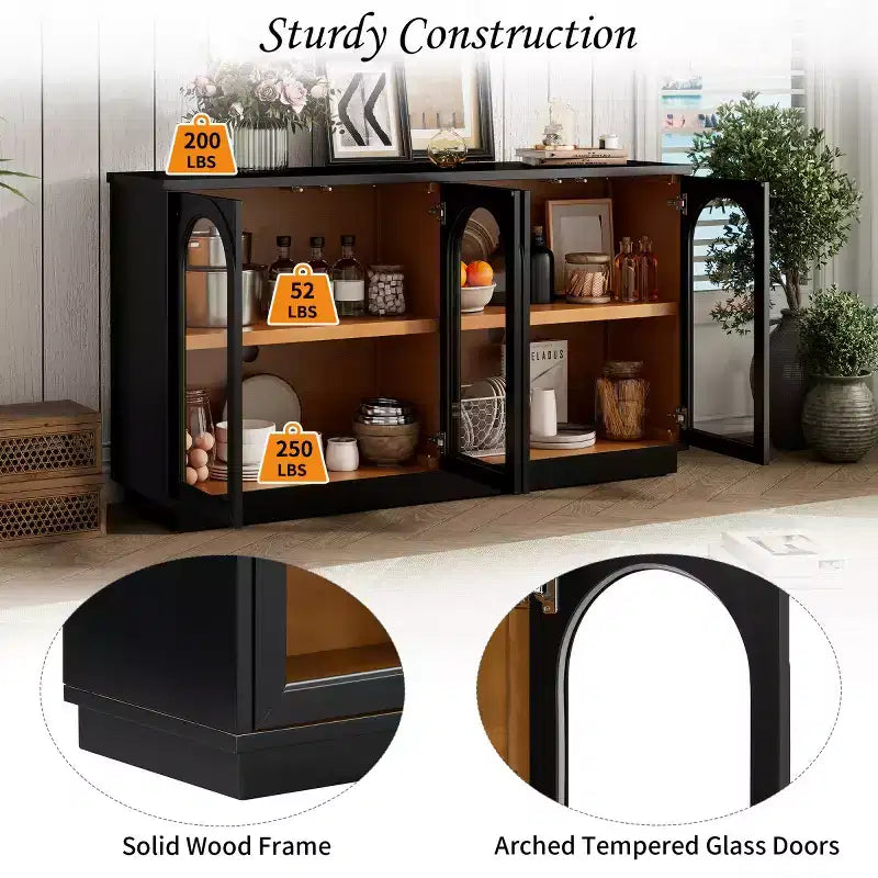 Buffet d'appoint en verre cintré moderne, Meuble console TV avec étagère réglable, Système d'ouverture par pression - Panipeachy